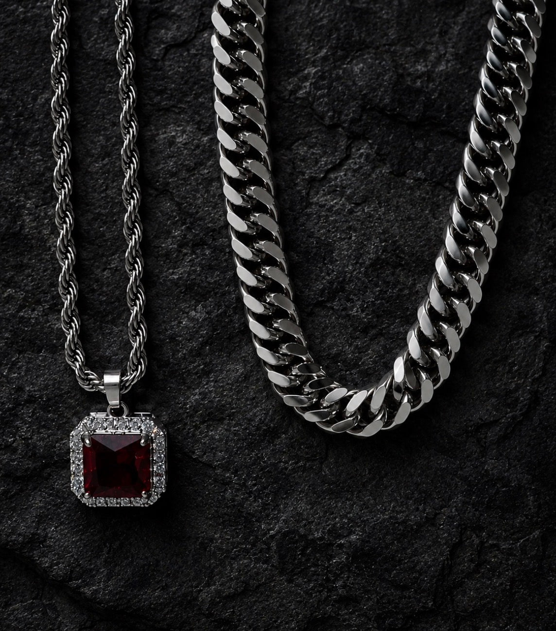LINK THICK CHAIN WITH RED STONE ROPE CHAIN