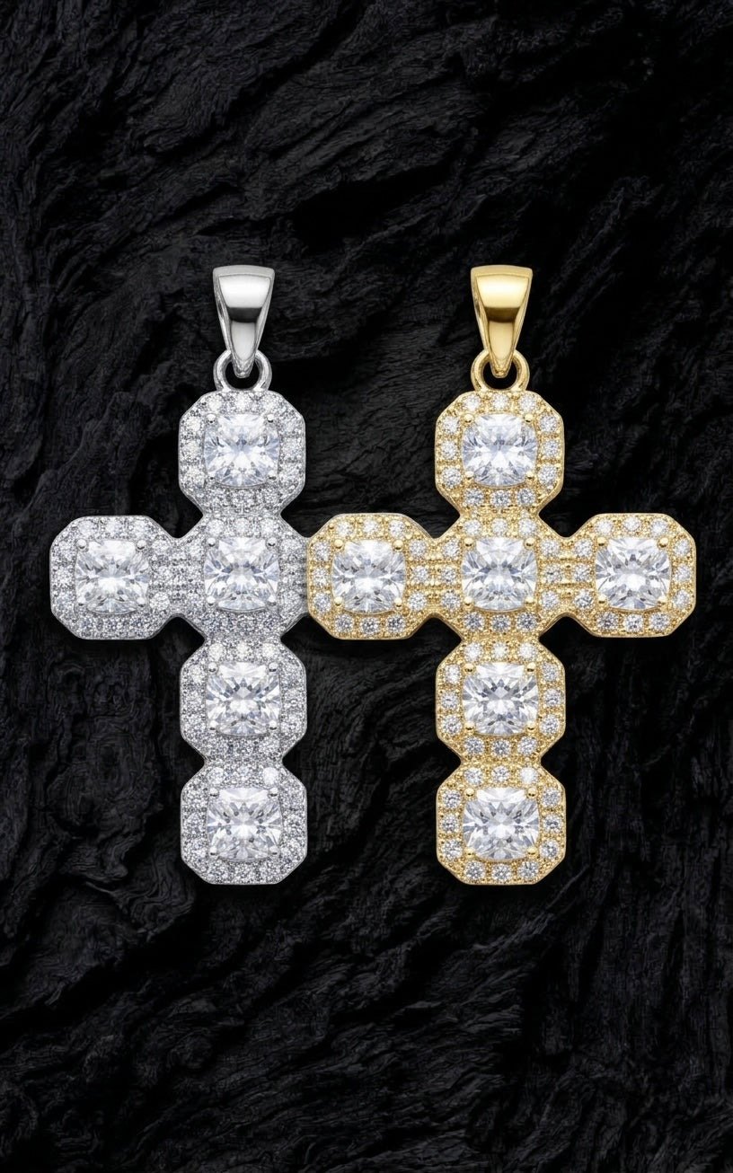Iced Cushion-Cut Cross Pendant
