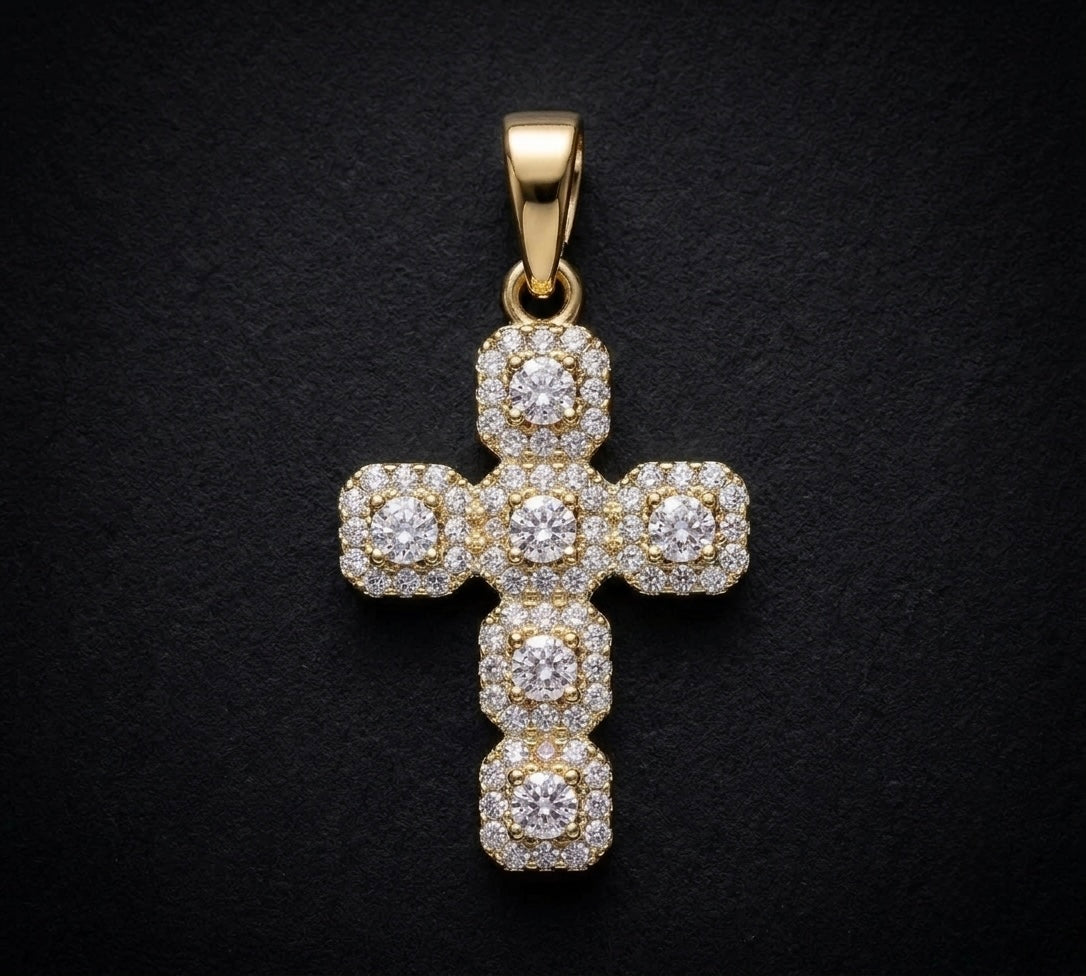 Iced Cushion-Cut Cross Pendant