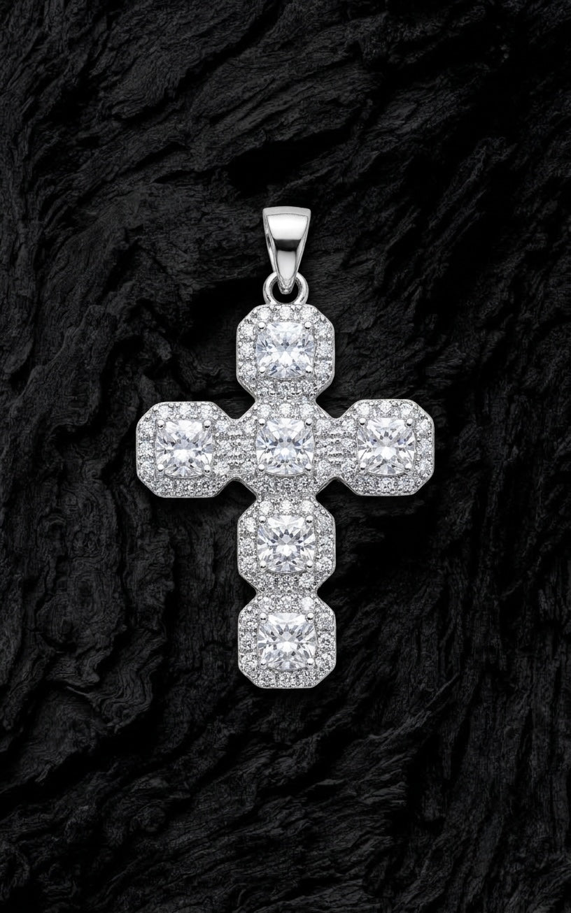Iced Cushion-Cut Cross Pendant