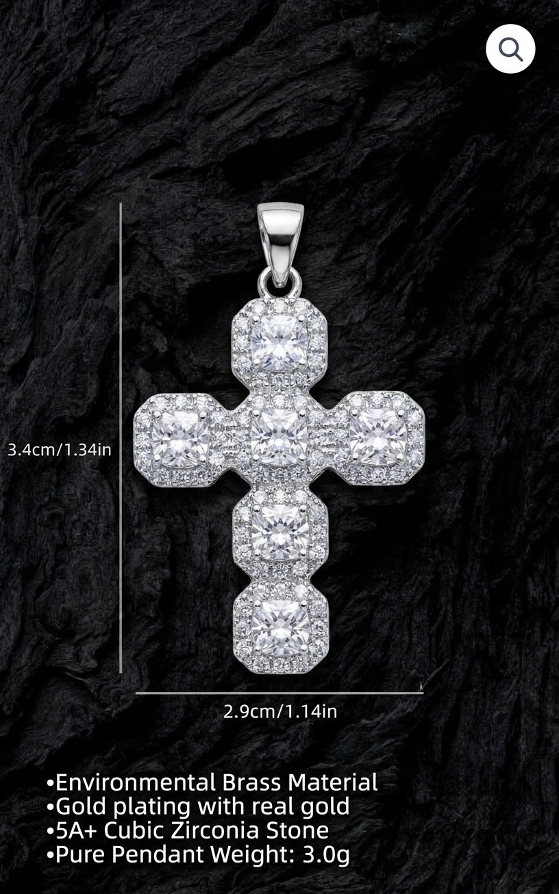 Iced Cushion-Cut Cross Pendant