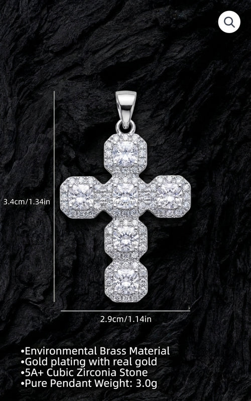 Iced Cushion-Cut Cross Pendant